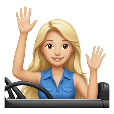 blonde long hair woman driving car. one hand up Happy face confidence sticker
