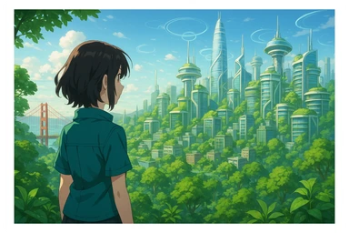 Anime AI character overlooking a peaceful, green San Francisco with futuristic buildings, harmony between nature and tech sticker