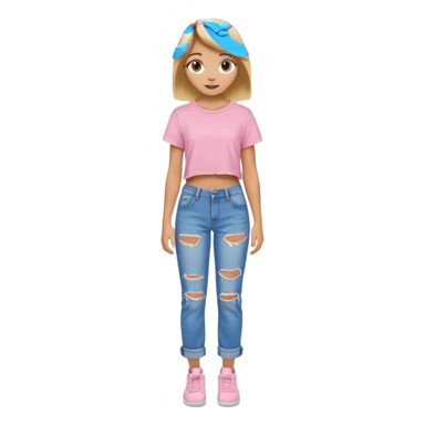 preppy teen girl, tan, blonde highlights, brown hair, long eyelashes, beach aesthetic, wearing cute clothes, sexy, wearing ripped blue baggy jeans with a light pink crop top, a little revealing  sticker