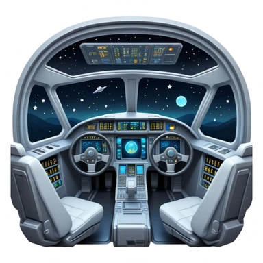 spaceship cockpit interior view with dashboard and stars visible through window sticker
