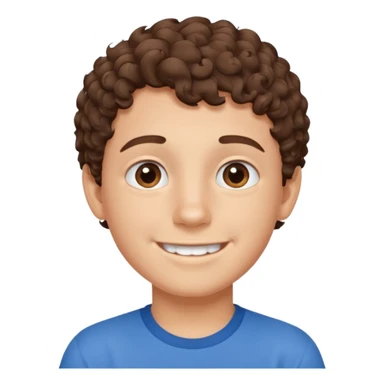 Boy with fair skin, short curly brown hair, brown eyes, smiling without showing his teeth.
 sticker