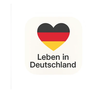 modern inviting mobile app icon for 'Leben in Deutschland' with heart shape incorporating German flag colors black red gold sticker
