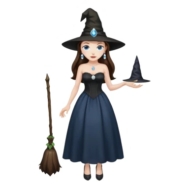 woman brunette, very large breasts, pale skin, blue eyes, long brown hair, black strapless dress, witch hat, pearl earrings, smirking, in black heels, standing, head to toe, full body, zoomed out, entire outfit visible sticker
