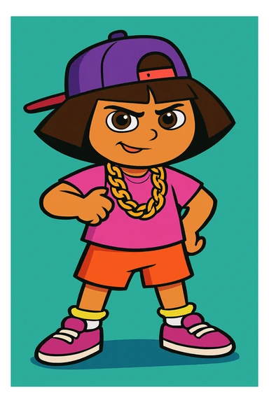 Dora the Explorer as a thug, cartoon style, gold chain, confident pose, vibrant colors sticker