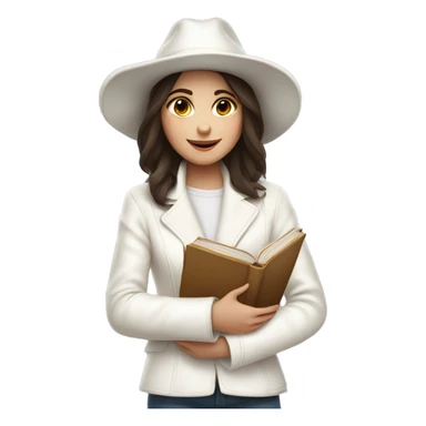 brunette girl in a white jacket in a white hat hugs a book sticker