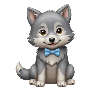 an animated gif sticker emote of a wolf puppy in a play bow wagging its tail in a smooth, natural arc over its back sticker