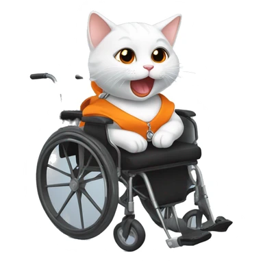 a white smiling kitty with her tongue out dressed in black and orange and in a wheelchair with handcuffs  sticker