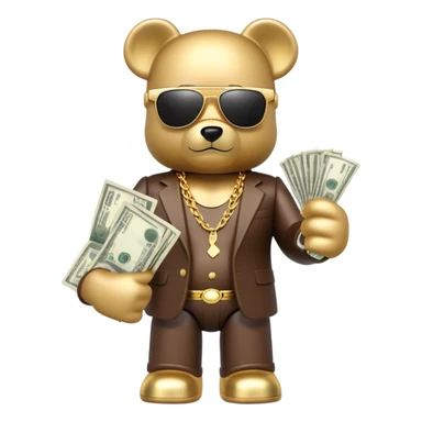 hustler bearbrick toy figure wearing gold chain, sunglasses and money sticker