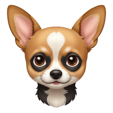 Chihuahua with white black fur on the forehead and a brown snout with a black nose sticker