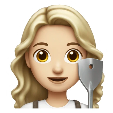 Woman holding one metal shovel with pale skin and hair brown highlights long wavy sticker