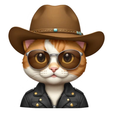 Calico cat wearing sunglasses, a black leather jacket and a cowboy hat sticker