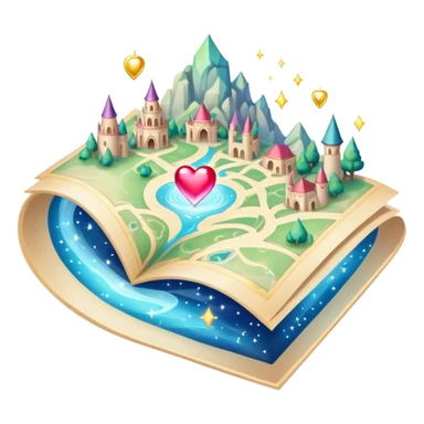 Enchanted floating folded map surrounded by magical sparkles and heart-shaped auras, mystical love journey map sticker