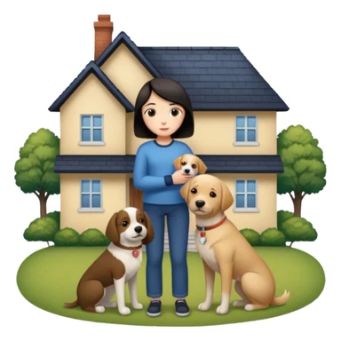 Девушка с тёмными короткими волосами стоит на фоне большого дома рядом с ней стоит мужчина со светлыми волосами обнимаются и рядом собака sticker