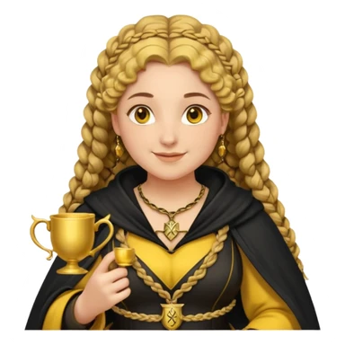 Helga Hufflepuff, 2 curly thick brown braids, yellow-black medieval dress, black cloak decorated with gold braiding, tiny two-handled shiny yellow-gold cup, very kind smile, curvy busty sweet woman, thick rosy cheeks sticker