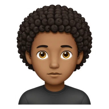 This avatar of black boy has tightly curly dark hair styled upward, a rounded face with golden-brown eyes, and a neutral expression sticker