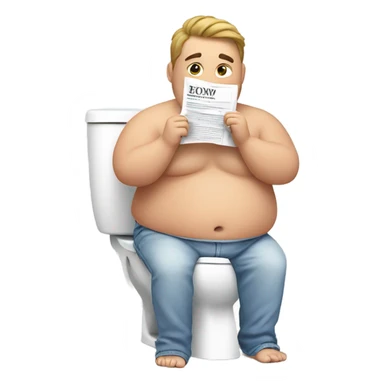 fat guy sitting on toilet reading newspaper no shirt front view sticker