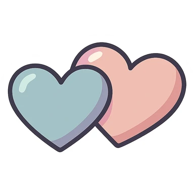 two small hearts side by side, icon-color-outlined style, detailed shadows and highlights, thin clean contours, soft rounded shapes, pastel palette #98B5BC, #B5B3C1, #C9A3C9, #E4C0CA, #F7DCD1, #F7C0AA, modern Japanese pop art and sticker aesthetic, soft lighting, transparent background sticker