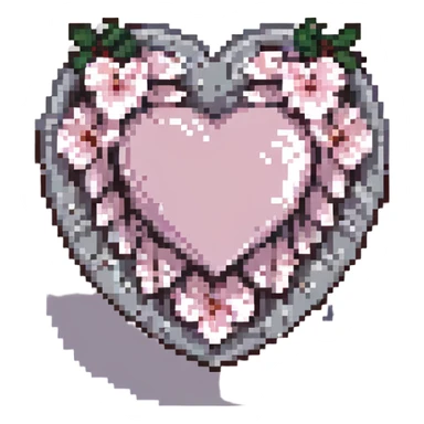 heart with sakura and silver accents, pixel art style sticker