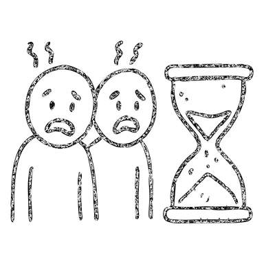 ultra-minimalist hand-drawn outlined icon of two figures, trembling clock or hourglass, extremely worn and eroded texture, anxious and stressed expressions, sense of terror sticker