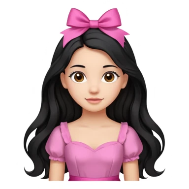 Beautiful girl with long black hair in a half-up half-down hairstyle with pink ribbon tying the top half, waves at the ends, brown eyes, light skin, slight smile, and pink dress sticker