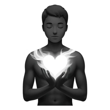 minimalist b&w male silhouette with flowing black-and-white curves across the lower body, now overlaid with a small, softly glowing spark or radiant light near the chest or head — heart symbolizing inspiration, inner fire, and creative energy awakening” sticker
