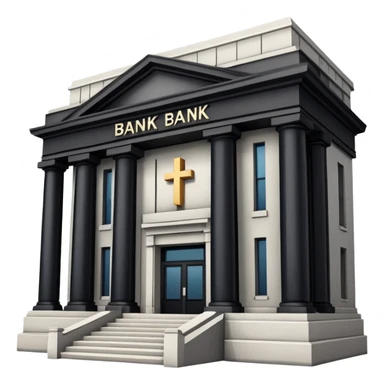 bank building with a cross over it, canceled bank sticker