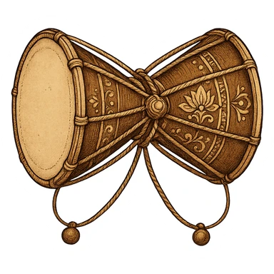 Shiva's damru, small two-headed drum, emphasizing spiritual and traditional significance, no text sticker