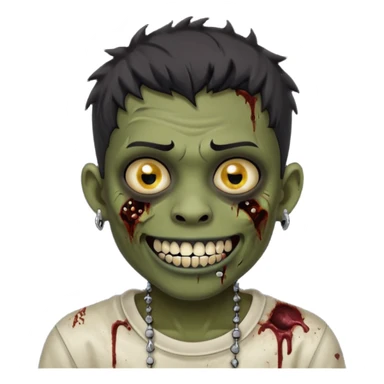 Make a boy zombie dark skin and short black 4c hair, showing a studded grillz teeth with a earing sticker