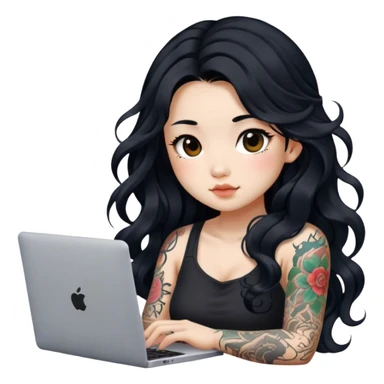 beautiful girl, with tattoos, with long black hair, wavy hair, chinese, with laptop sticker