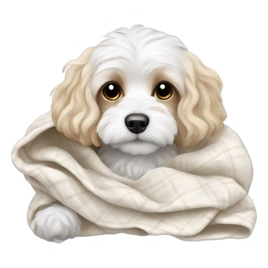 White cavachon dog cuddled in blanket  sticker