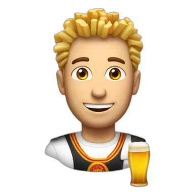 belgian man with fries and a beer sticker