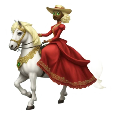 "galora green blonde alien woman" in red Victorian elegant dress, full body, rides "horse gold and white"
 sticker