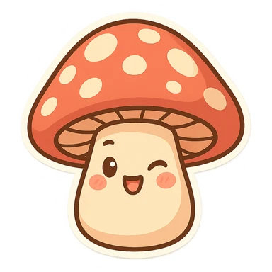 chibi sticker-style mushroom with a winking face, cute and exaggerated sticker