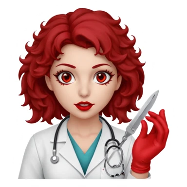 Lilith scalpel in hand, evil surgeon sexy surgeon clothes.  She has red eyes. Dark brown curly hair. Wears sexy doctor outfit with red gloves.covers her mouth necknose with red bandana to hide  her identity. Hair is long and brown hair is free but must cover her face sticker
