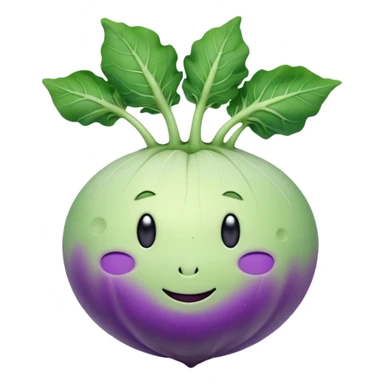 whole kohlrabi bulb, smooth pale green to purple skin, round, slightly flattened, short leafy stems on top, firm surface, faint lines and bumps, soft lighting, emoji scale sticker