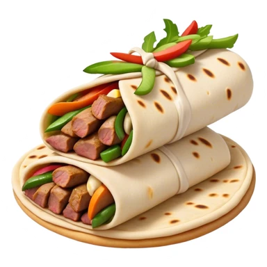 Cinematic Realistic Shawarma Dish Emoji, showcasing spiced, succulent meat wrapped in flatbread with fresh vegetables rendered with lifelike detail and dynamic, appetizing lighting. sticker