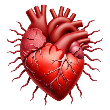 Glowing cuts of red meat and liver surrounding a bright red heart. Red blood cells float around the heart, with energy streams connecting the meat to the blood cells and heart, showing how iron-rich foods power circulation and vitality. sticker