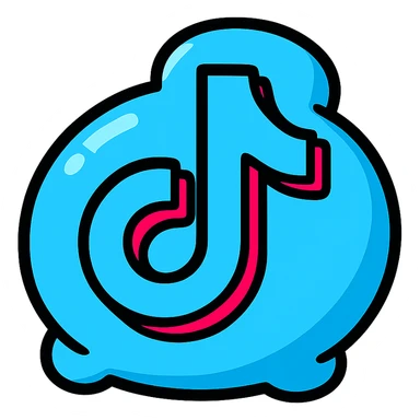 chubby blue TikTok icon, thick black contours, strong shadows, shiny highlights, plump outlined dimensional style, no background, only symbol sticker