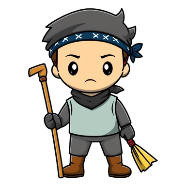 Levi Ackerman cleaning with bandana over hair, gloves, holding broom, annoyed expression sticker