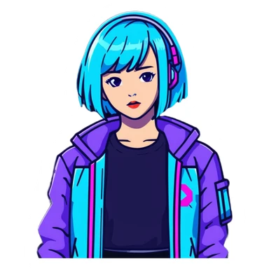 Cyberpunk Japanese girl with neon blue wig, futuristic holographic jacket, digital glitches effect, dark background with purple neon glow, iOS app icon style sticker