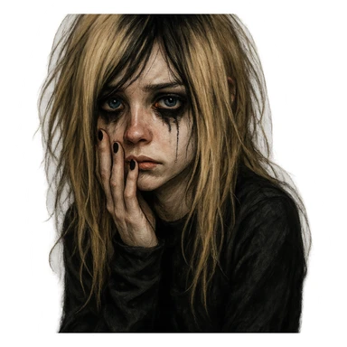 depressives Emo Mädchen, blond, blaue Augen, mit schwarzem Nagellack, Emo-Stil, detailed, expressive, digital art sticker