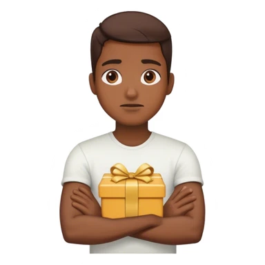 A person with arms crossed and looking away, refusing to accept a present sticker