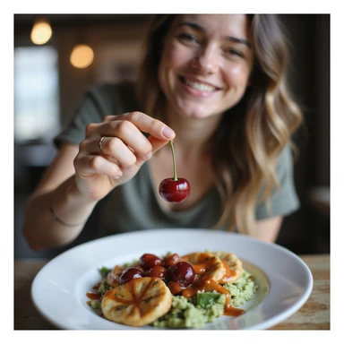 realistic image of a person showing a dietary supplement like a cherry, supplement held between fingers above a complete plate, smiling, positive atmosphere, creative details, modern environment sticker