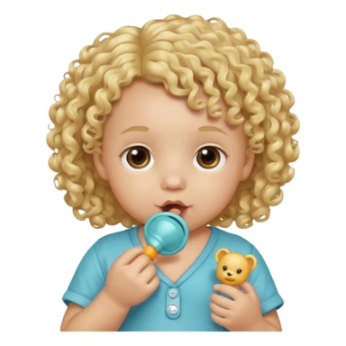Close-up, curly blonde-haired toddler, pacifier sticker
