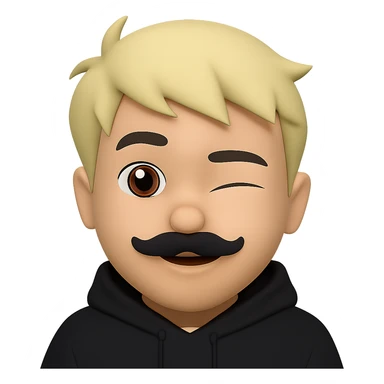 Add a black hoodie to the Asian man with a small mustache and short messy blond hair in emoji style. Preserve the transparent background. The man is winking. sticker