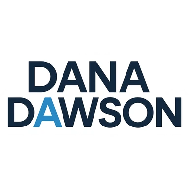 bold geometric sans-serif logo of 'Dana Dawson', modern, clean, blue accent sticker