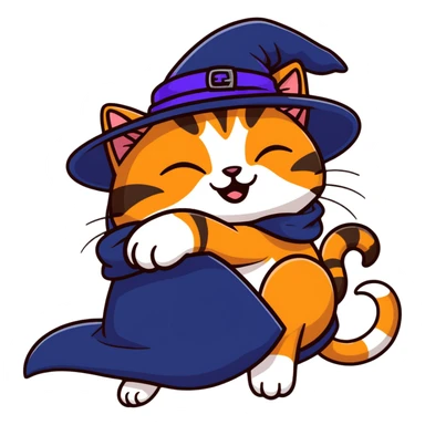 full body ginger tabby cat flopped over on her side wearing an indigo witch hat sticker