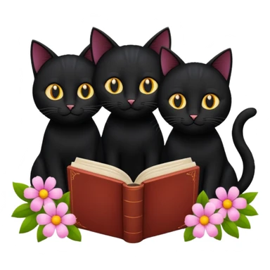  3 black Cats reading book + flower sticker