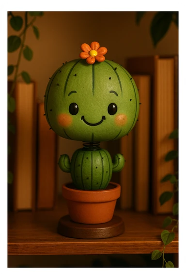 a cactus bobblehead, small flower on top, cheerful face, cartoonish style sticker