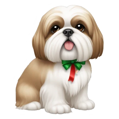 Tan and white coloured shih tzu sitting facing forward with christmas bow sticker